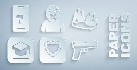 Set Shield, Burning car, Graduation cap, Pistol or gun, Censor and freedom of Illustrazione stock