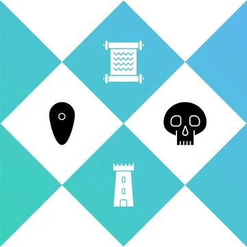 Set Shield, Castle tower, Decree, parchment, scroll and Skull icon. Vector Illustrazione stock