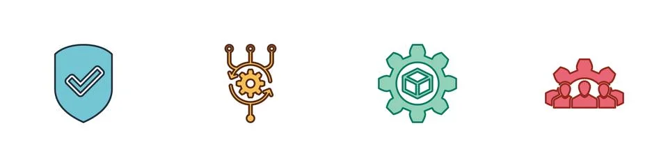 Set Shield with check mark, Algorithm, Product development and Project team b Illustrazione stock