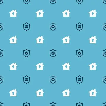Set Shield with check mark and House under protection on seamless pattern Stock Illustration