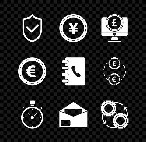 Set Shield with check mark, Coin money Yen symbol, Computer monitor pound 스톡 일러스트