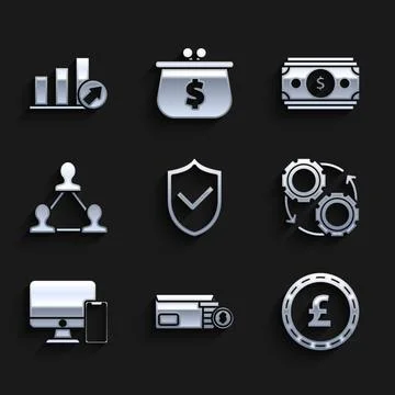 Set Shield with check mark, Computer monitor mobile phone, Project team base イラスト素材