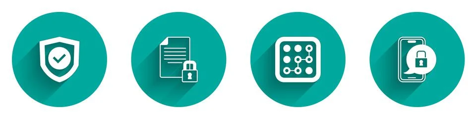 Set Shield with check mark, Document and lock, Graphic password protection and Illustrazione stock