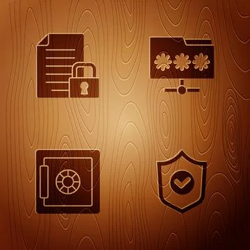 Set Shield with check mark, Document and lock, Safe and Folder password on wo Stock Illustration