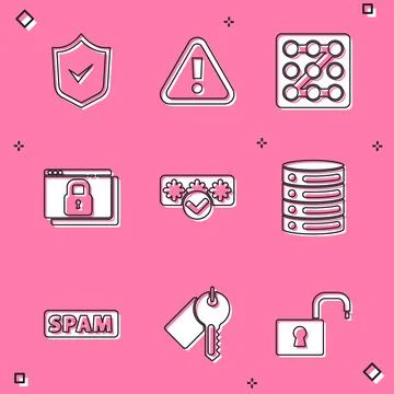 Set Shield with check mark, Exclamation in triangle, Graphic password protection Illustrazione stock