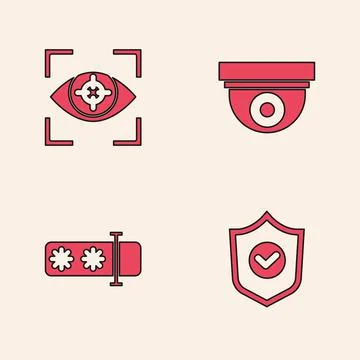 Set Shield with check mark, Eye scan, Security camera and Password protection Stock Illustration