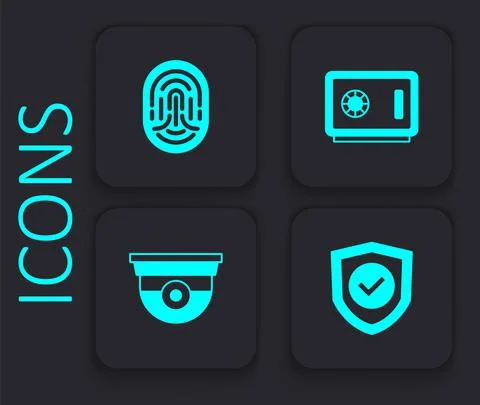 Set Shield with check mark, Fingerprint, Safe and Security camera icon. Black Stock Illustration