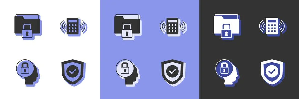 Set Shield with check mark, Folder and lock, Lock and Security keypad access 库存插图