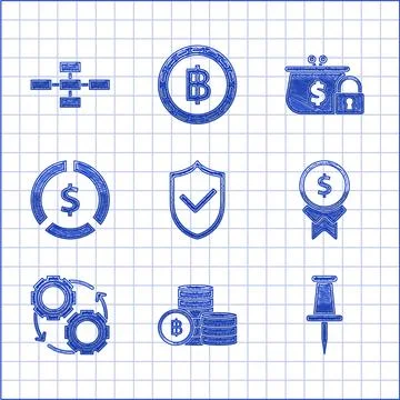 Set Shield with check mark, Gear and arrows as workflow process concept, Coin Stock Illustration