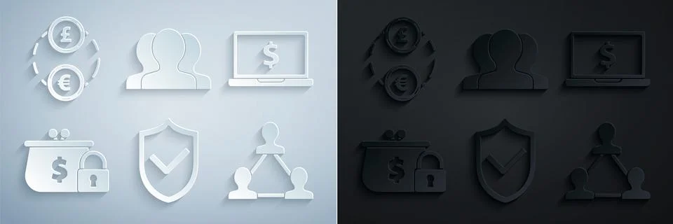 Set Shield with check mark, Laptop dollar symbol, Closed wallet lock, Project イラスト素材