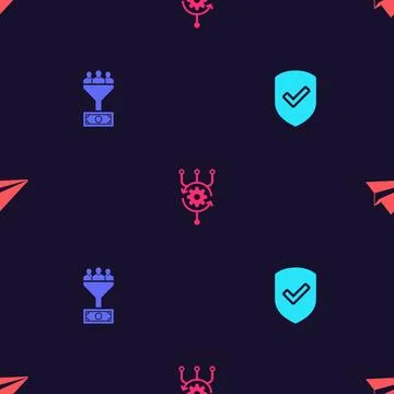 Set Shield with check mark, Lead management, Algorithm and Paper plane on sea Stock Illustration