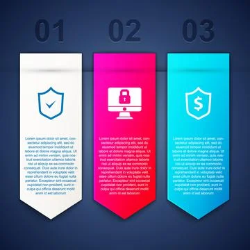 Set Shield with check mark, Lock on computer monitor and dollar. Business Stock Illustration