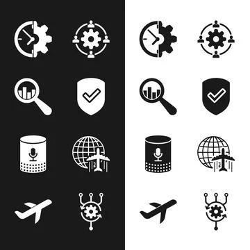 Set Shield with check mark, Magnifying glass and analysis, Clock gear Illustrazione stock