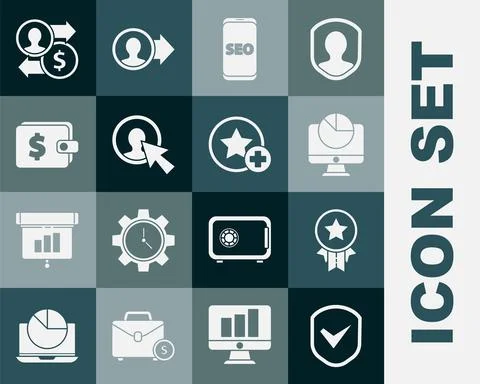 Set Shield with check mark, Medal star, Computer monitor graph chart, Mobile Illustrazione stock