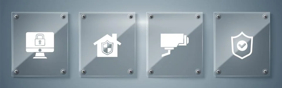 Set Shield with check mark, Security camera, House under protection and Lock Stock Illustration