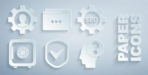 Set Shield with check mark, Seo tag gear wheel, Safe, Human head question, We Illustrazione stock