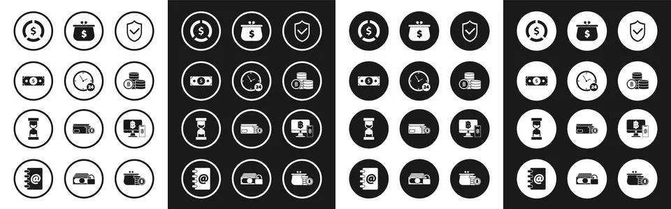 Set Shield with check mark, Stacks paper money cash, Coin dollar symbol, Cryp 스톡 일러스트