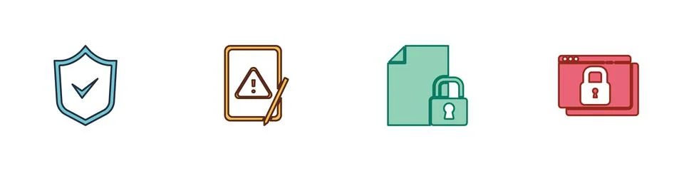 Set Shield with check mark, Tablet exclamation, Document and lock and Secure 库存插图