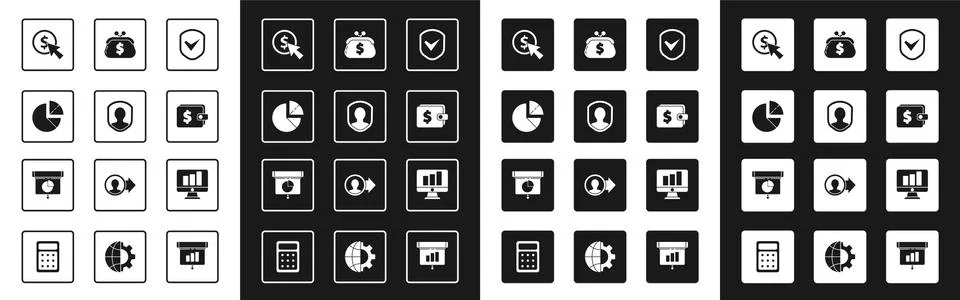 Set Shield with check mark, User protection, Pie chart infographic, Cursor and Stock-Illustration