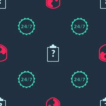 Set Shield, Clipboard with question marks and Clock 24 hours on seamless pattern Stock Illustration