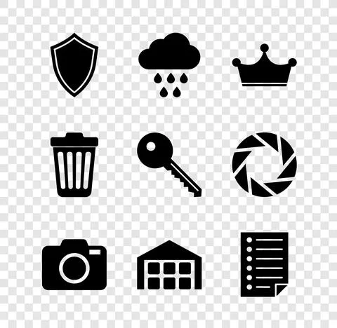 Set Shield, Cloud with rain, Crown, Photo camera, Warehouse and Document icon Stock Illustration