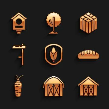 Set Shield corn, Farm house, Bread loaf, Carrot, Scythe, Bale of hay and Bi.. Stock Illustration