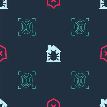 Set Shield with cross mark, House system bug and Fingerprint on seamless pattern 스톡 일러스트