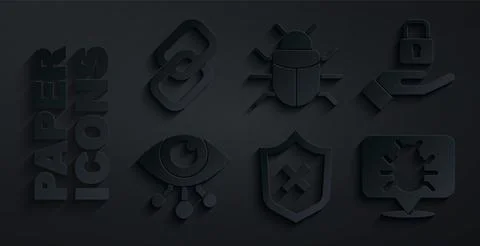 Set Shield with cross mark, Lock in hand, Eye scan, System bug, and Chain link Stock-Illustration