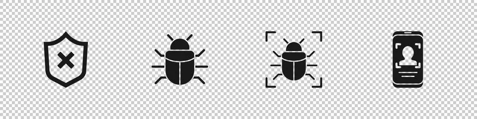 Set Shield with cross mark, System bug, and Mobile and face recognition icon Illustrazione stock