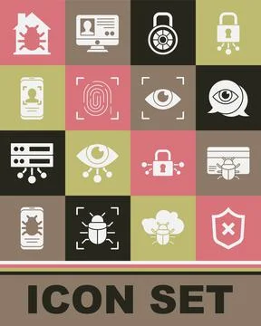 Set Shield with cross mark, System bug in credit card, Eye scan, Safe 스톡 일러스트