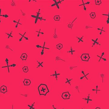 Set Shield, Crossed medieval sword, spears and Magic staff on seamless pattern Illustrazione stock
