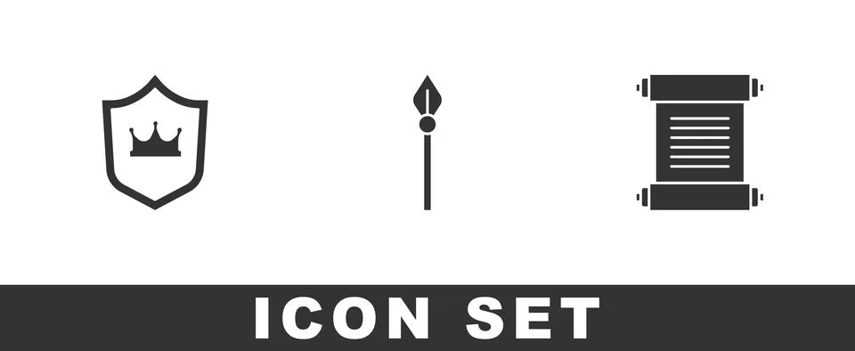 Set Shield with crown, Medieval spear and Decree, parchment, scroll icon. Vector Stock Illustration