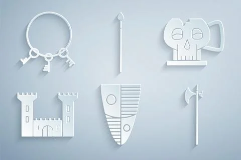 Set Shield, Cup from the skull, Castle, Medieval halberd, spear and Old key.. Ilustración de archivo