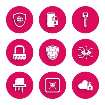 Set Shield with cyber security brick wall, Safe, Cloud computing lock, Eye scan 스톡 일러스트