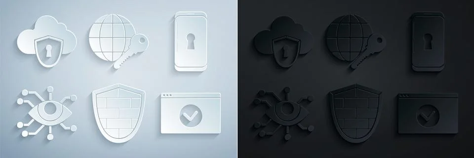Set Shield with cyber security brick wall, Smartphone lock, Eye scan, Secure Stock-Illustration