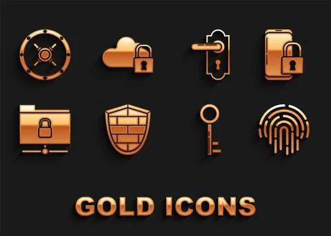 Set Shield with cyber security brick wall Smartphone closed padlock Fingerpri Stock Illustration