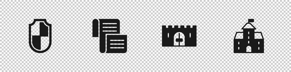 Set Shield, Decree, parchment, scroll, Medieval castle gate and Castle, fortress Illustrazione stock