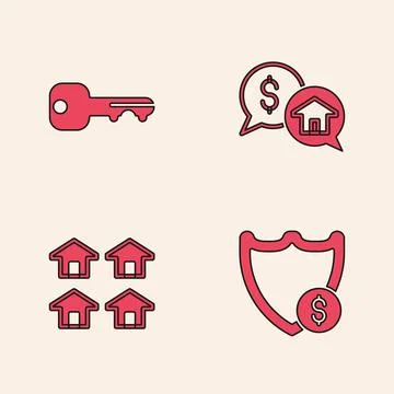 Set Shield with dollar, House key, Price negotiation and Real estate icon Stock Illustration