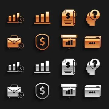 Set Shield with dollar, Human head question mark, Website template, Graph, chart Stock Illustration