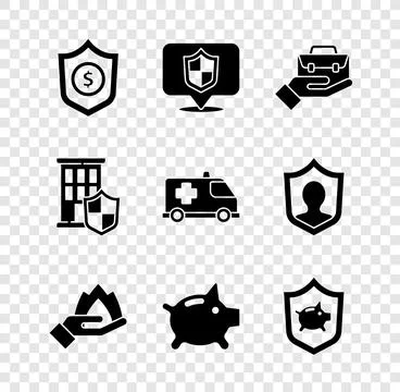 Set Shield with dollar, Location shield, Hand holding briefcase, fire, Pigg.. Stock Illustration