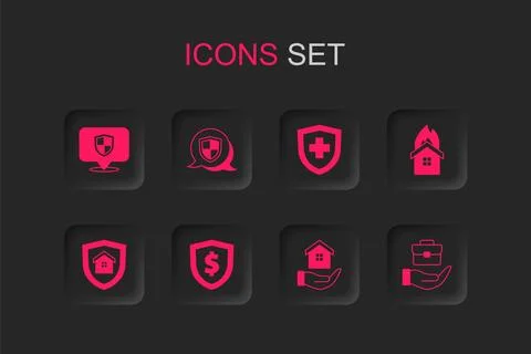 Set Shield with dollar, Location shield, House in hand, Fire burning house,.. Ilustración de archivo