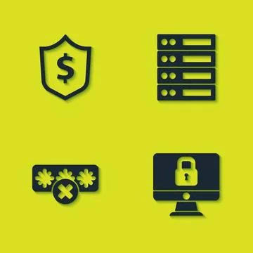 Set Shield with dollar, Lock on computer monitor, Password protection and Server 스톡 일러스트