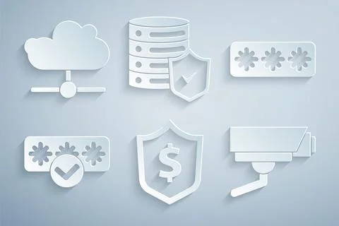 Set Shield with dollar, Password protection, Security camera, Server shield.. Illustrazione stock