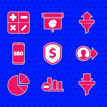 Set Shield with dollar, Pie chart infographic, Sales funnel arrows, Job 스톡 일러스트