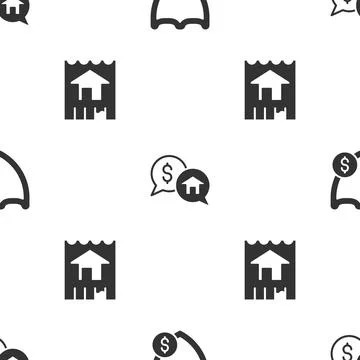 Set Shield with dollar, Price negotiation and House on seamless pattern. Vector Stock Illustration