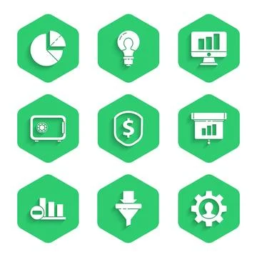 Set Shield with dollar, Sales funnel arrows, Human gear inside, Graph, char.. Illustrazione stock