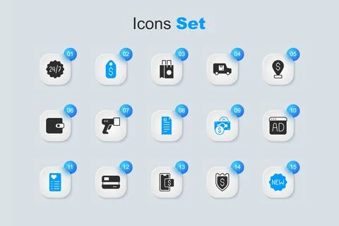 Set Shield with dollar, Scanner scanning bar code, Price tag, Shopping list.. 스톡 일러스트