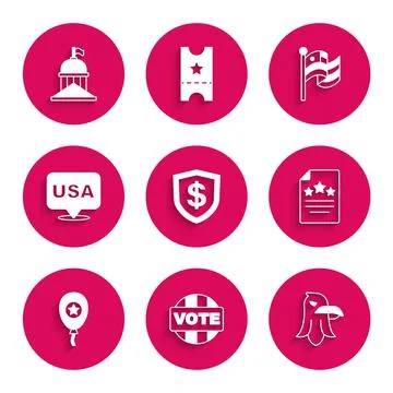 Set Shield with dollar, Vote, Eagle, Declaration of independence, Balloons, USA 스톡 일러스트