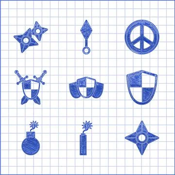 Set Shield, Dynamite bomb stick clock, Japanese ninja shuriken, Bomb ready to Stockillustratie