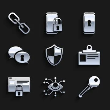 Set Shield, Eye scan, Key, Identification badge, Secure your site with HTTPS Illustration